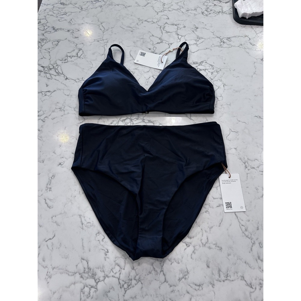 NWT Quince Black Italian V Neck Bikini Top o & High Rise Bottoms Set Size XL